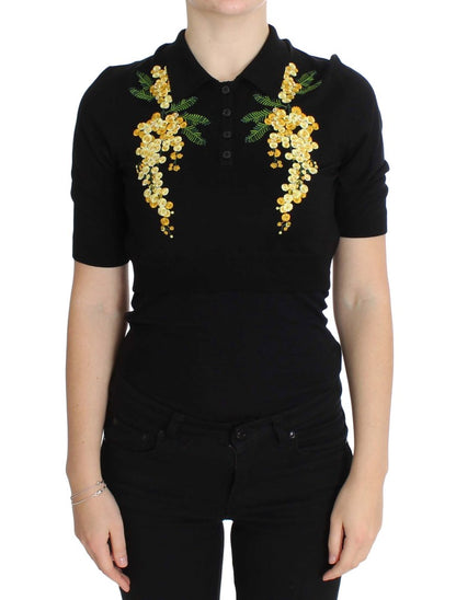 Elegante polo de seda negra con estampado floral