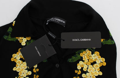 Elegante polo de seda negra con estampado floral