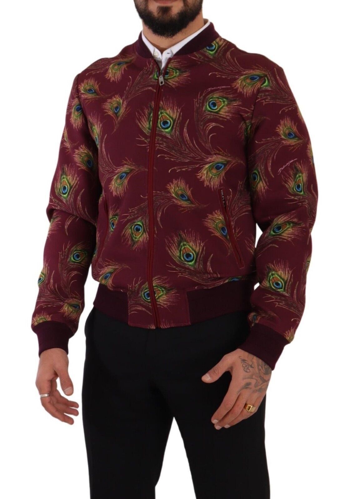 Chaqueta bomber con estampado de pavo real en rojo radiante