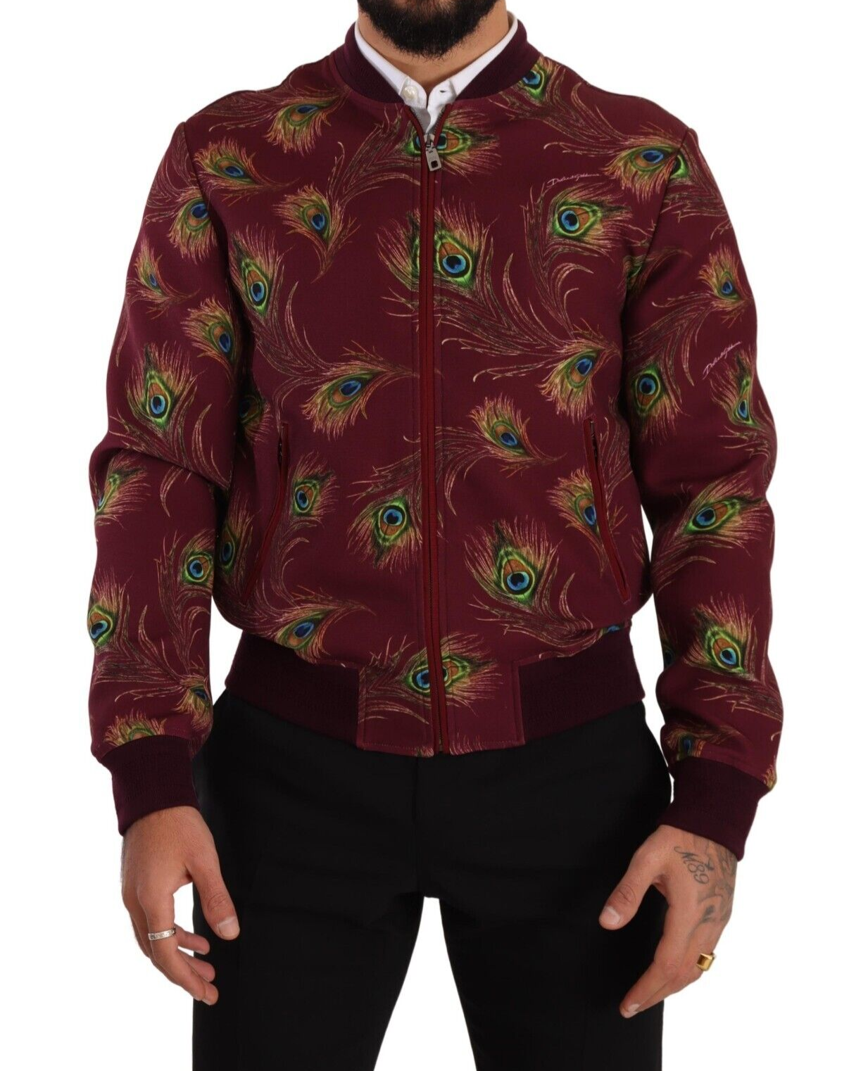 Chaqueta bomber con estampado de pavo real en rojo radiante