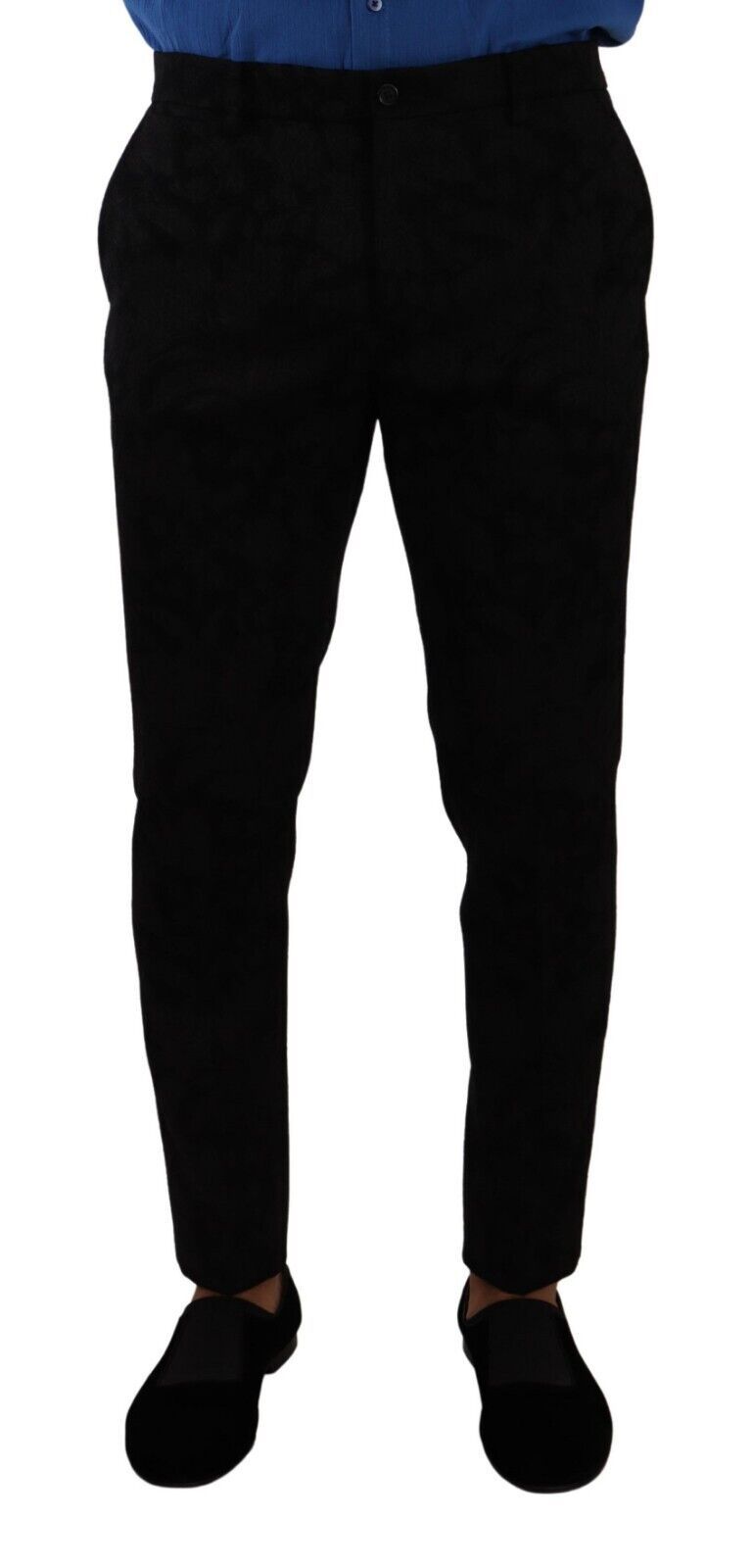 Pantalones de vestir elegantes de corte ajustado en brocado negro