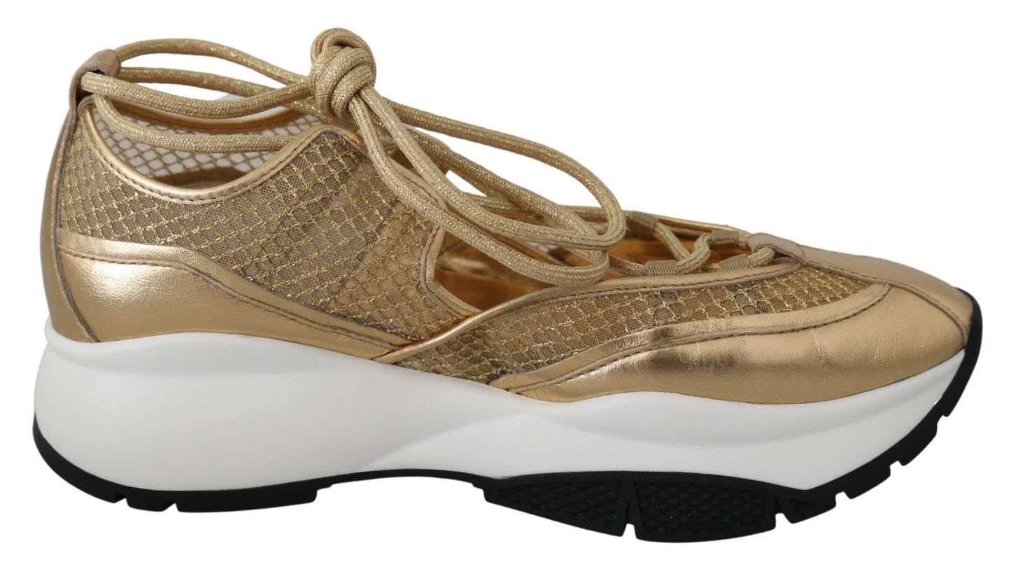 Zapatillas deportivas de malla de cuero con glamour dorado