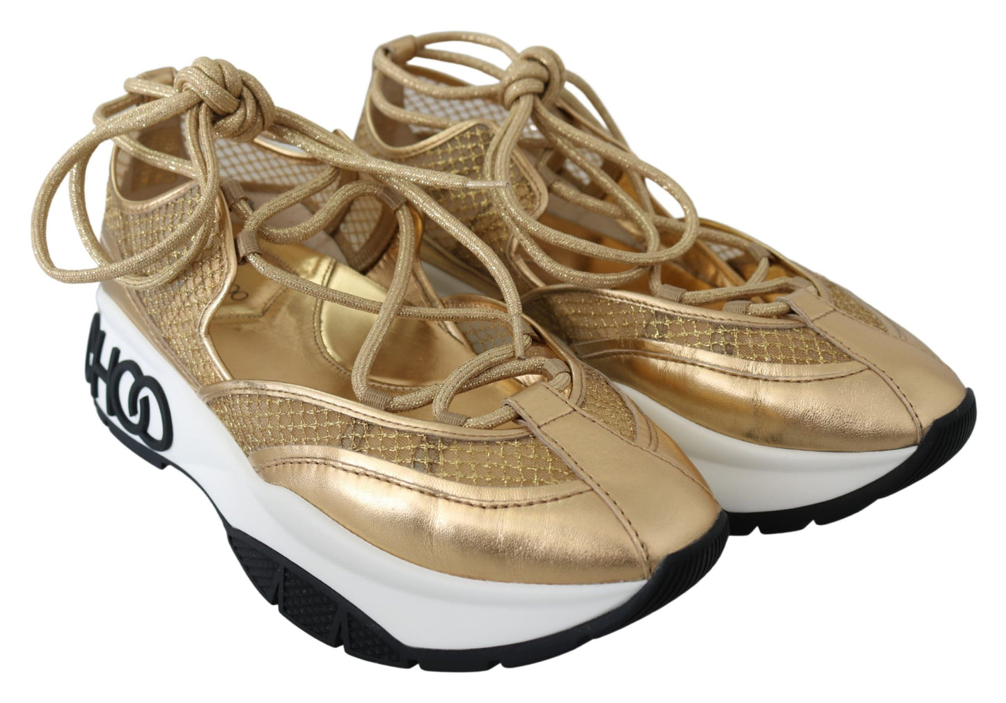 Zapatillas deportivas de malla de cuero con glamour dorado