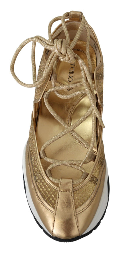 Zapatillas deportivas de malla de cuero con glamour dorado