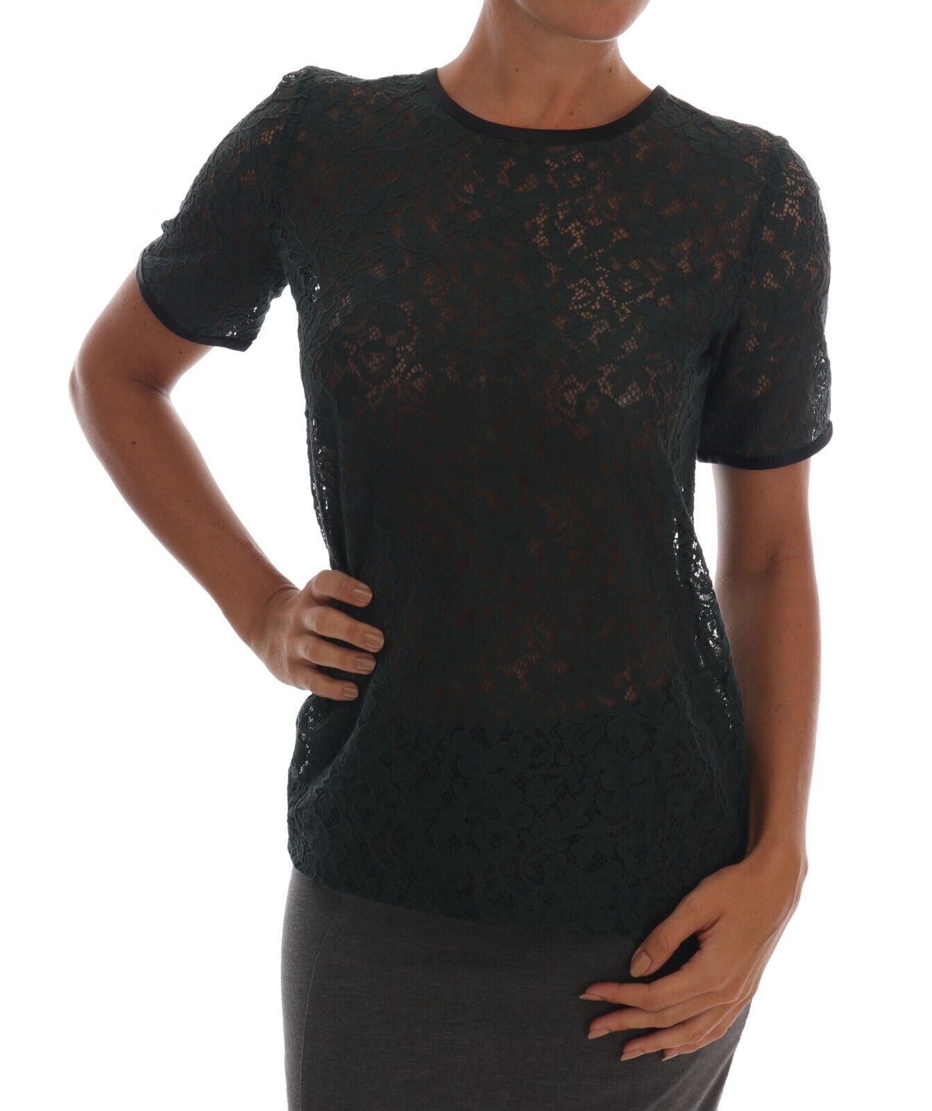 Blusa de manga corta con encaje floral verde oscuro