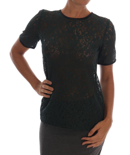 Blusa de manga corta con encaje floral verde oscuro