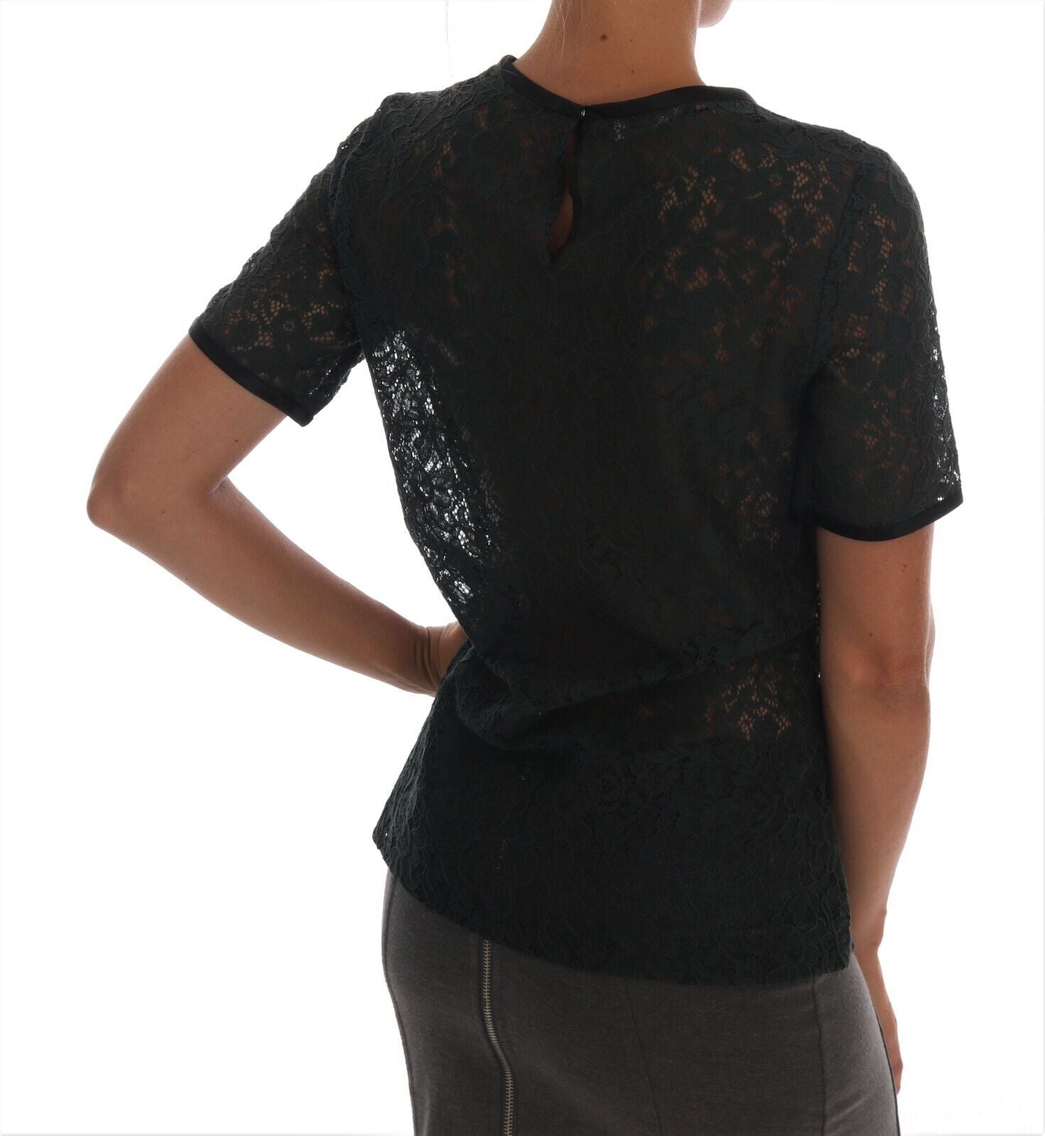 Blusa de manga corta con encaje floral verde oscuro