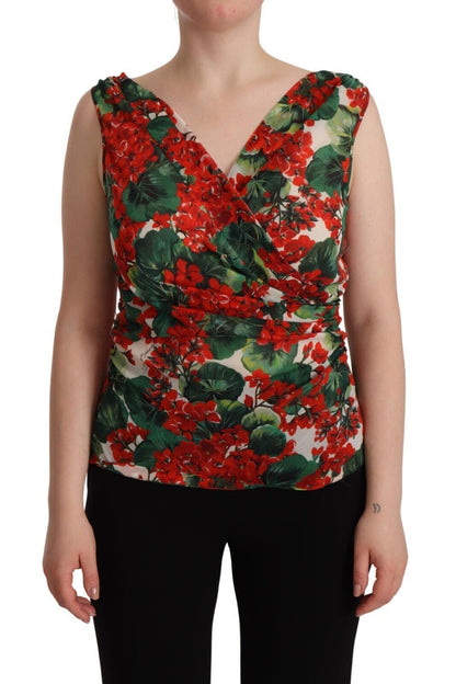 Elegantes Seiden-Tanktop mit V-Ausschnitt und Geranien-Print