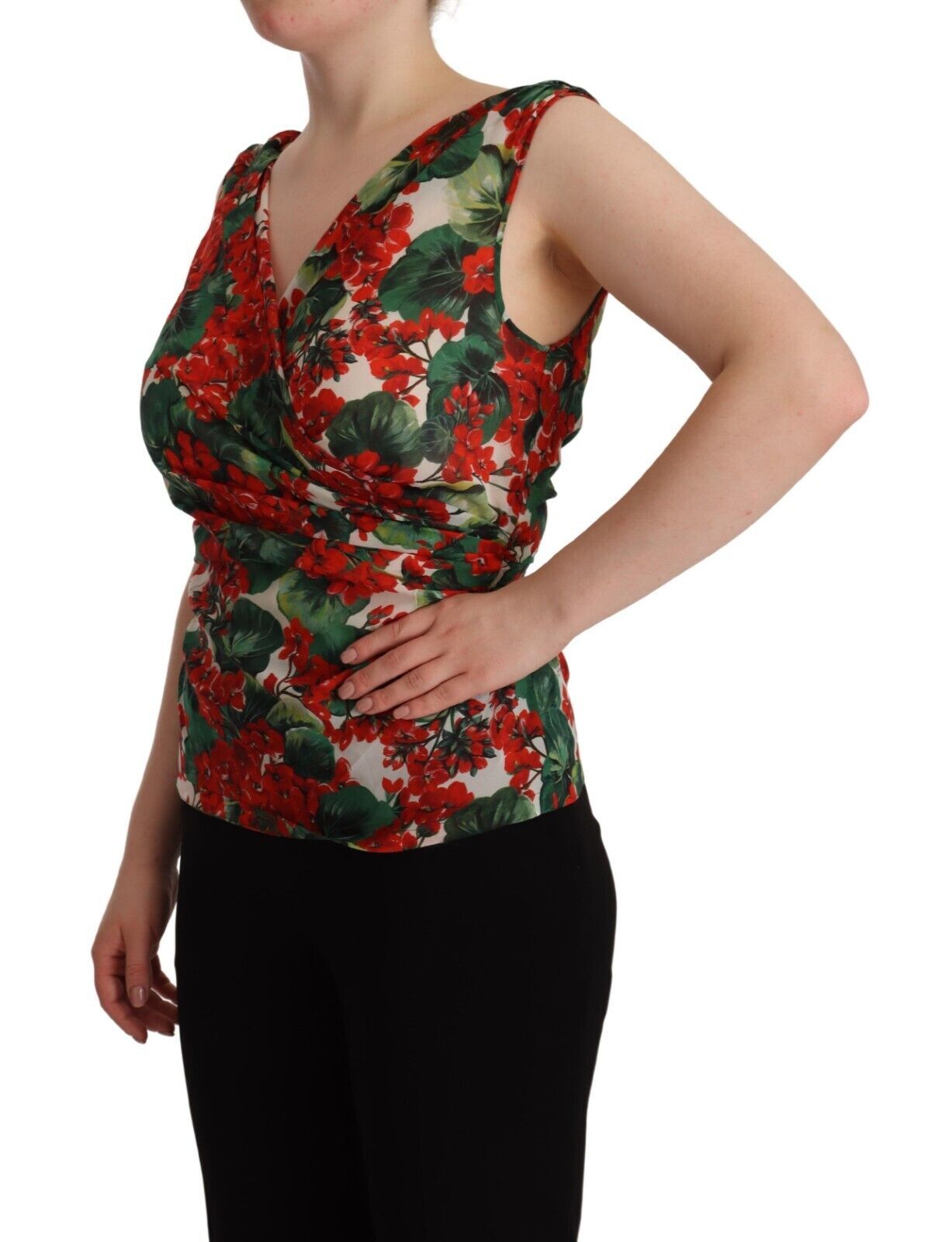 Elegantes Seiden-Tanktop mit V-Ausschnitt und Geranien-Print