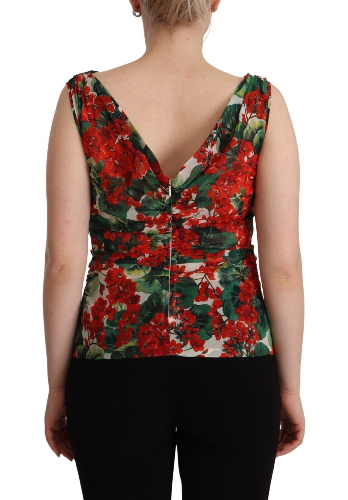 Elegantes Seiden-Tanktop mit V-Ausschnitt und Geranien-Print