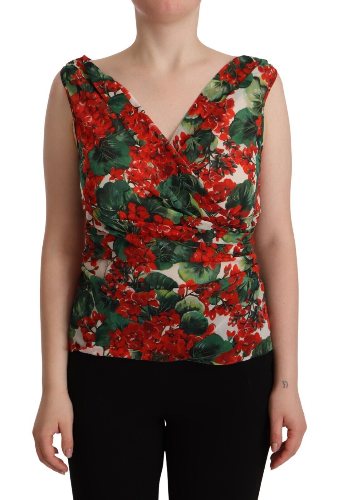 Elegantes Seiden-Tanktop mit V-Ausschnitt und Geranien-Print