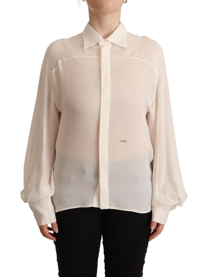 Elegante blusa de seda color blanco roto con mangas largas