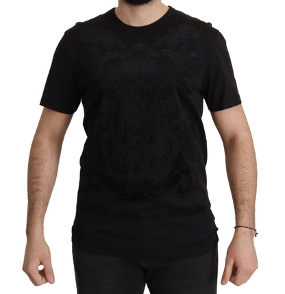 Elegante camiseta negra barroca con cuello redondo