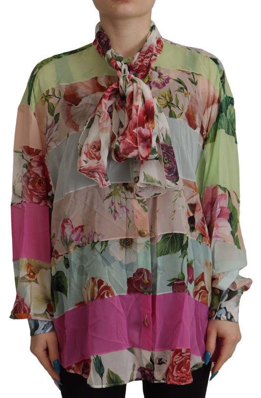 Elegante blusa de seda con patchwork floral