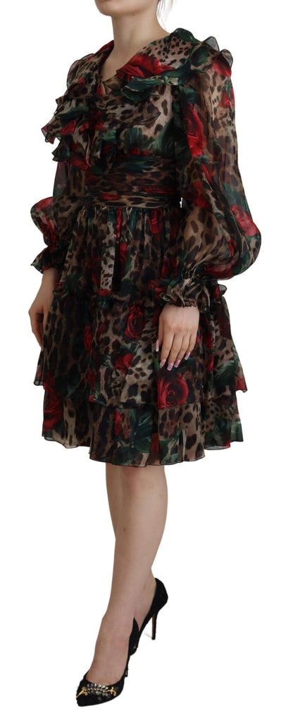 Vestido de seda con estampado de leopardo y rosas rojas