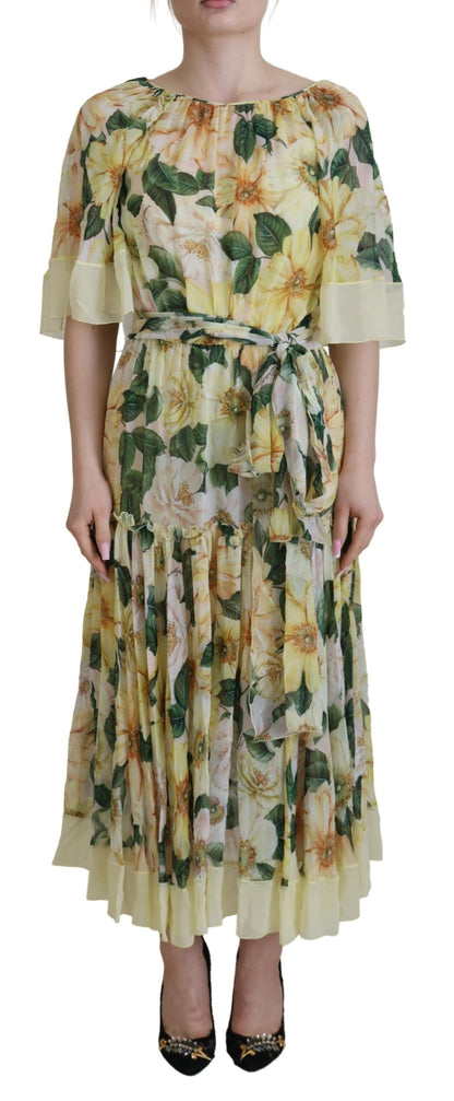 Plissiertes Maxikleid aus Seide mit Blumenmuster