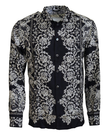 Camisa elegante de satén con estampado floral estilo barroco