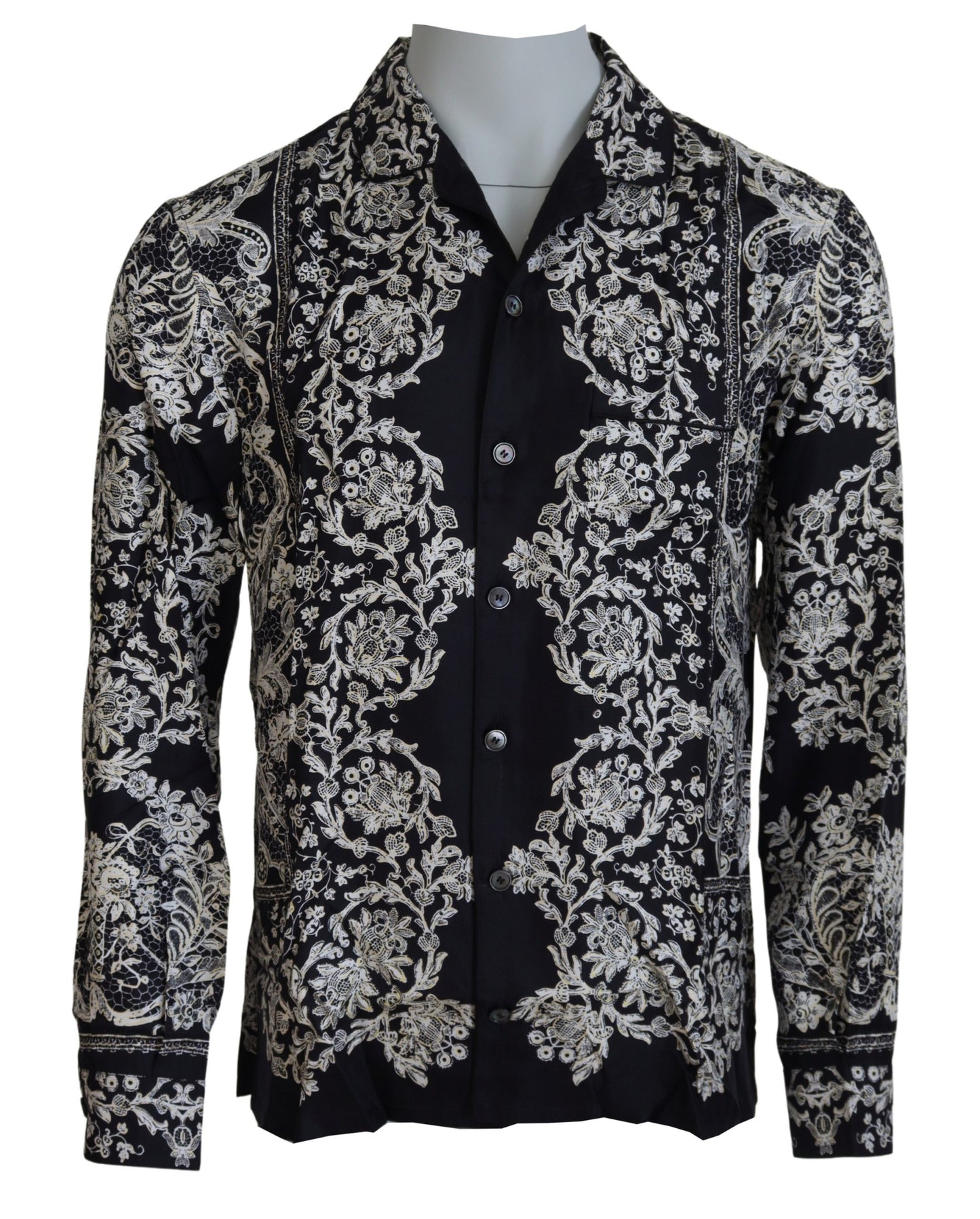 Camisa elegante de satén con estampado floral estilo barroco