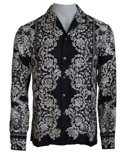 Camisa elegante de satén con estampado floral estilo barroco