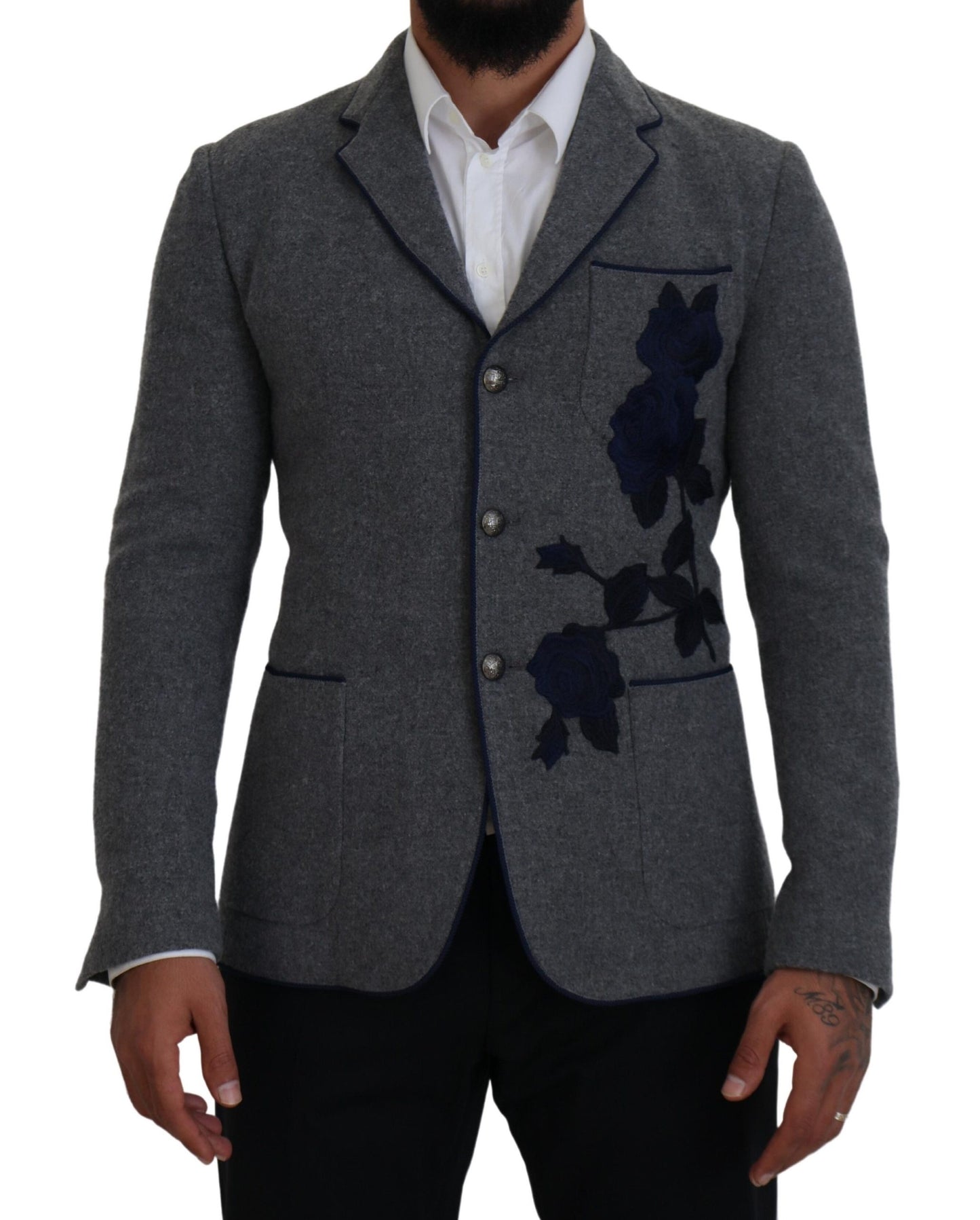 Elegant Gray Wool Blazer with Blue Rose Embroidery