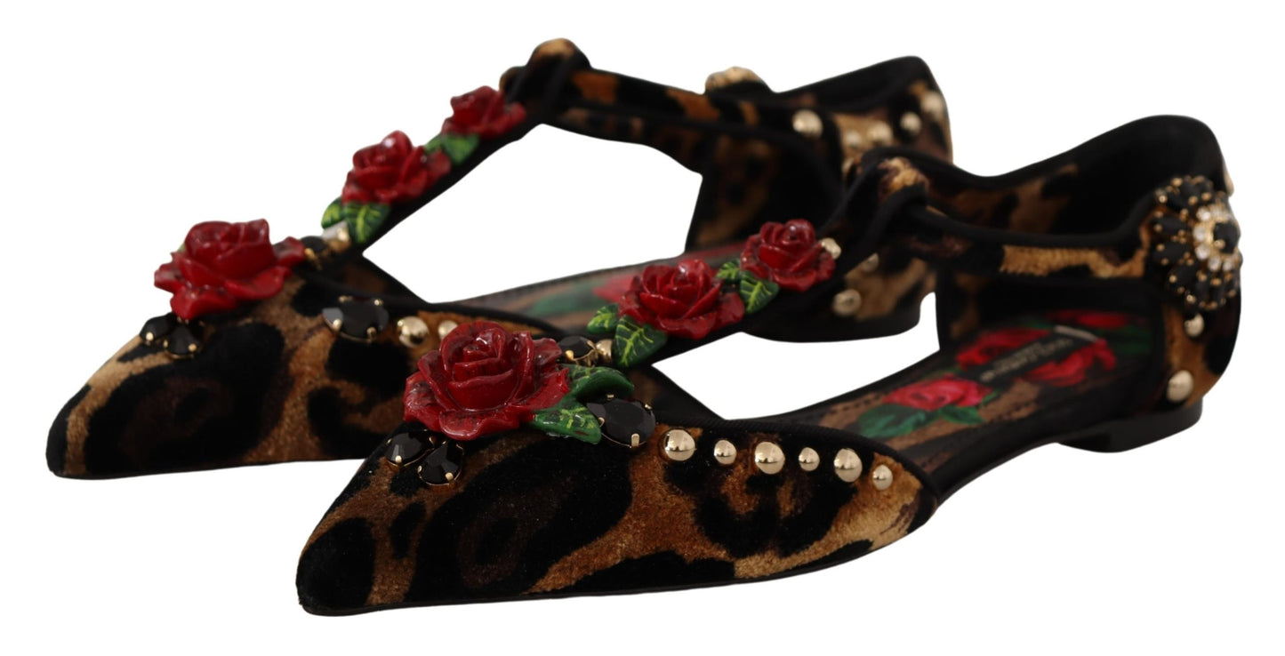 Floral Embellished Leopard T-Strap Sandals