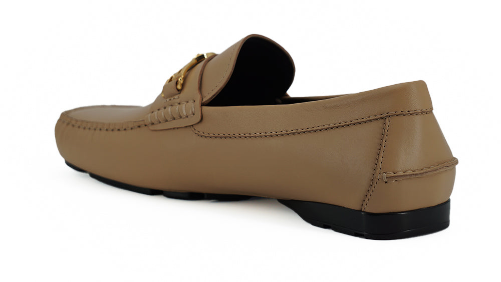 Exquisite Medusa Gold-Tone Leather Loafers