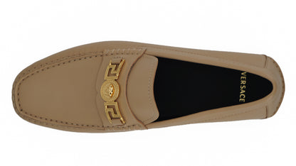 Exquisite Medusa Gold-Tone Leather Loafers