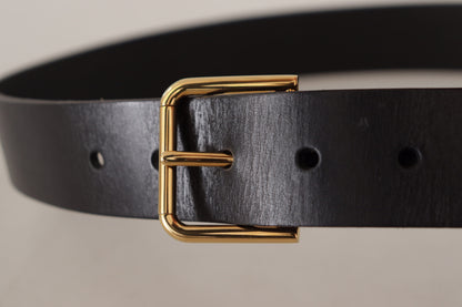 Elegant Black Leather Belt with Gold-Tone Buckle