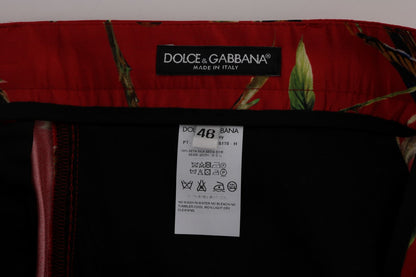 Elegant Silk Dress Trousers in Red Bird Print