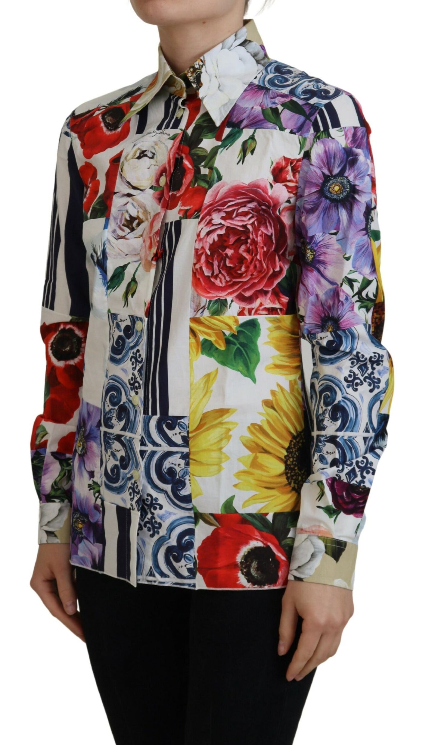 Elegante blusa de manga larga de algodón con estampado floral