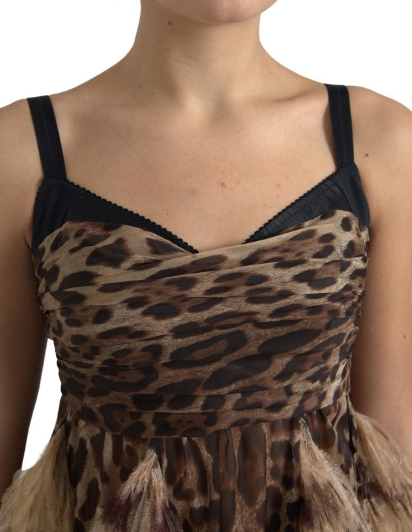 Ärmelloses Chiffonkleid aus Straußenfedern mit Leopardenmuster