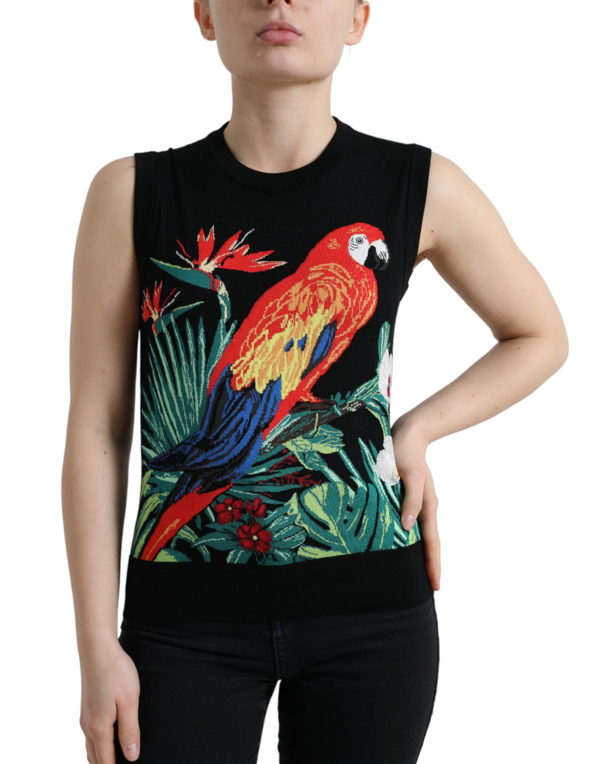 Elegante camiseta de seda y lana con cuello redondo y bordado de pájaros