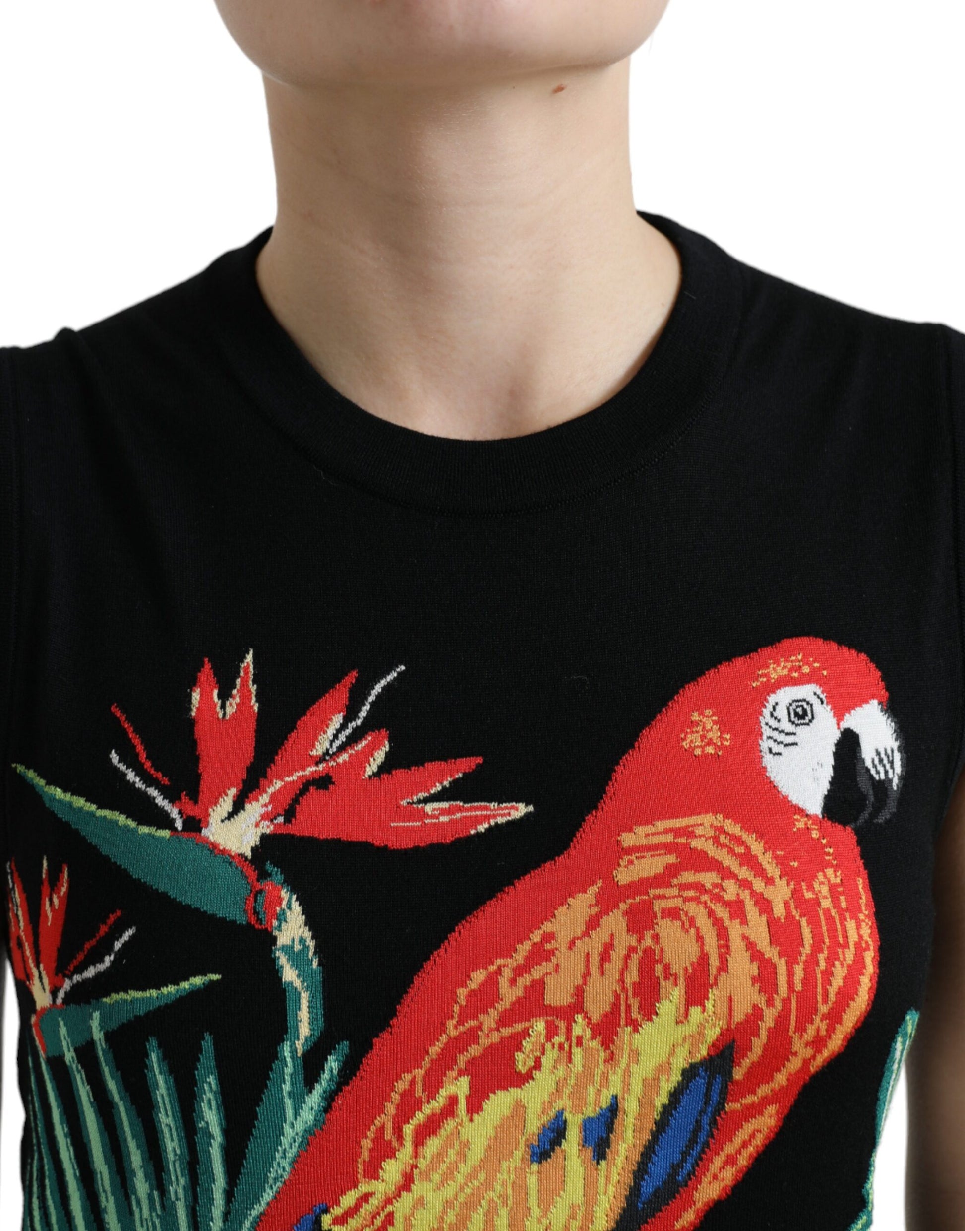 Elegante camiseta de seda y lana con cuello redondo y bordado de pájaros