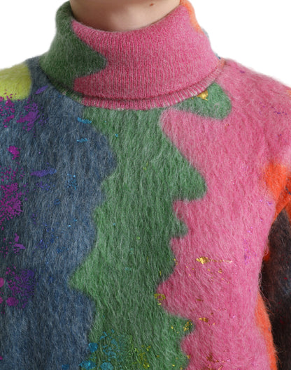 Suéter de cuello alto con rayas de mohair multicolor