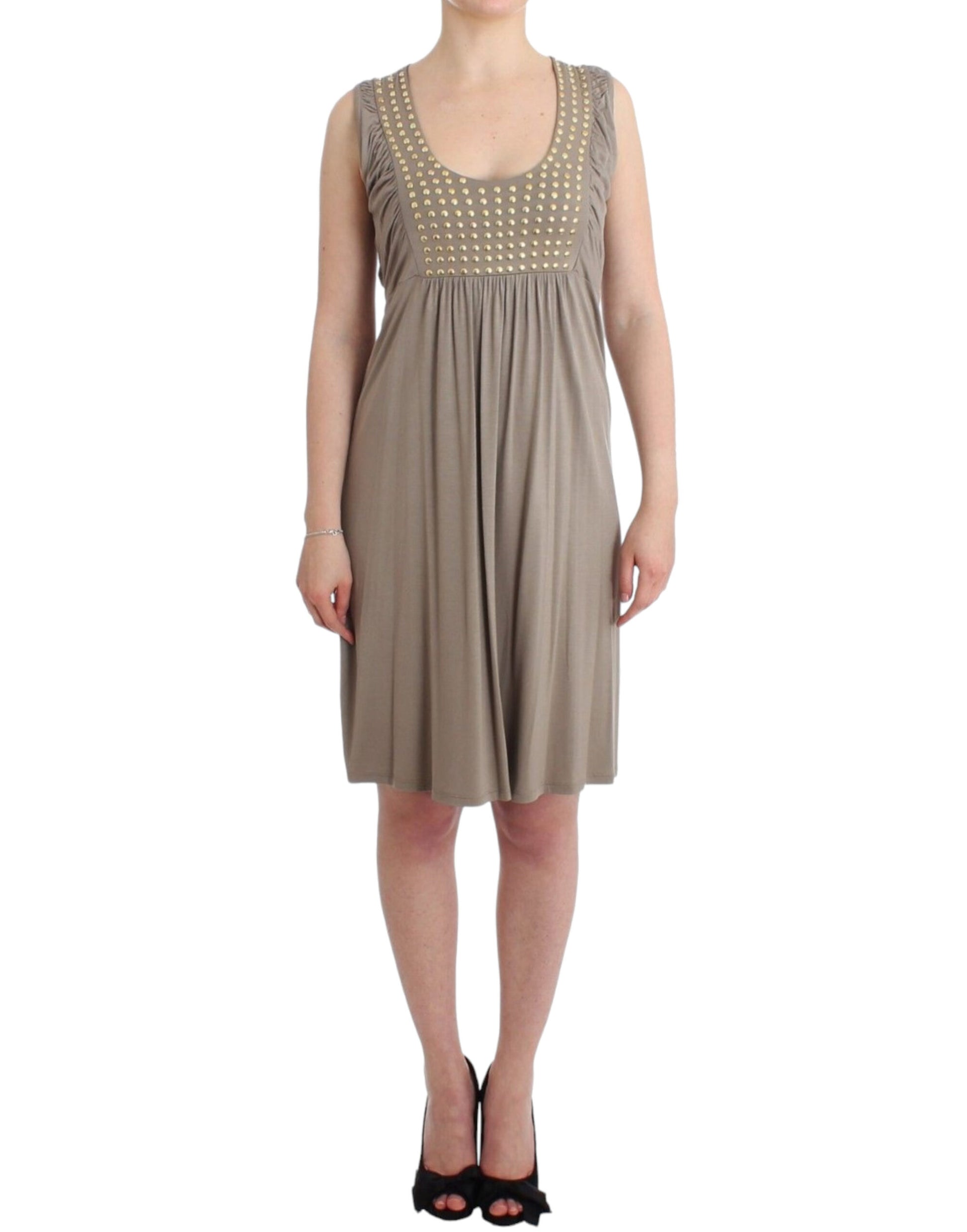 Studded Sheath Knee-Length Dress in Beige