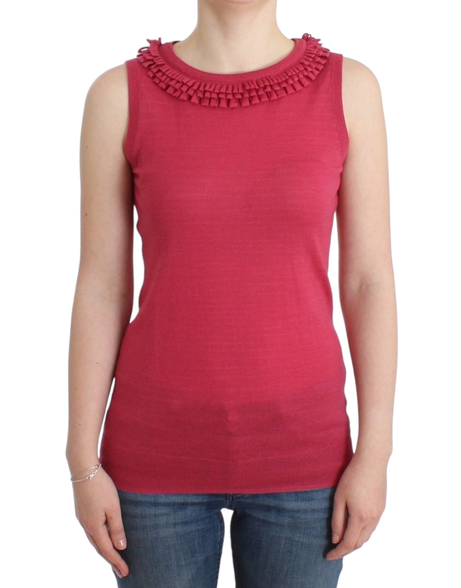 Elegante blusa de punto de lana sin mangas de color rosa