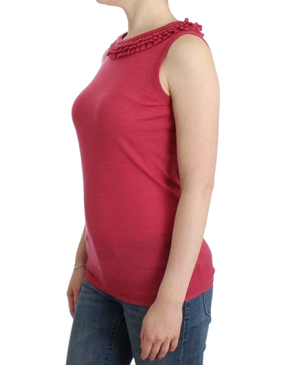 Elegante blusa de punto de lana sin mangas de color rosa