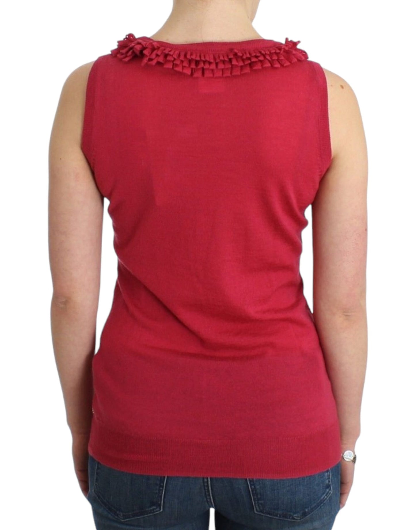 Elegante blusa de punto de lana sin mangas de color rosa