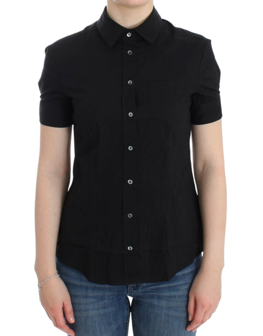 Elegante blusa de algodón elástico de manga corta en color negro