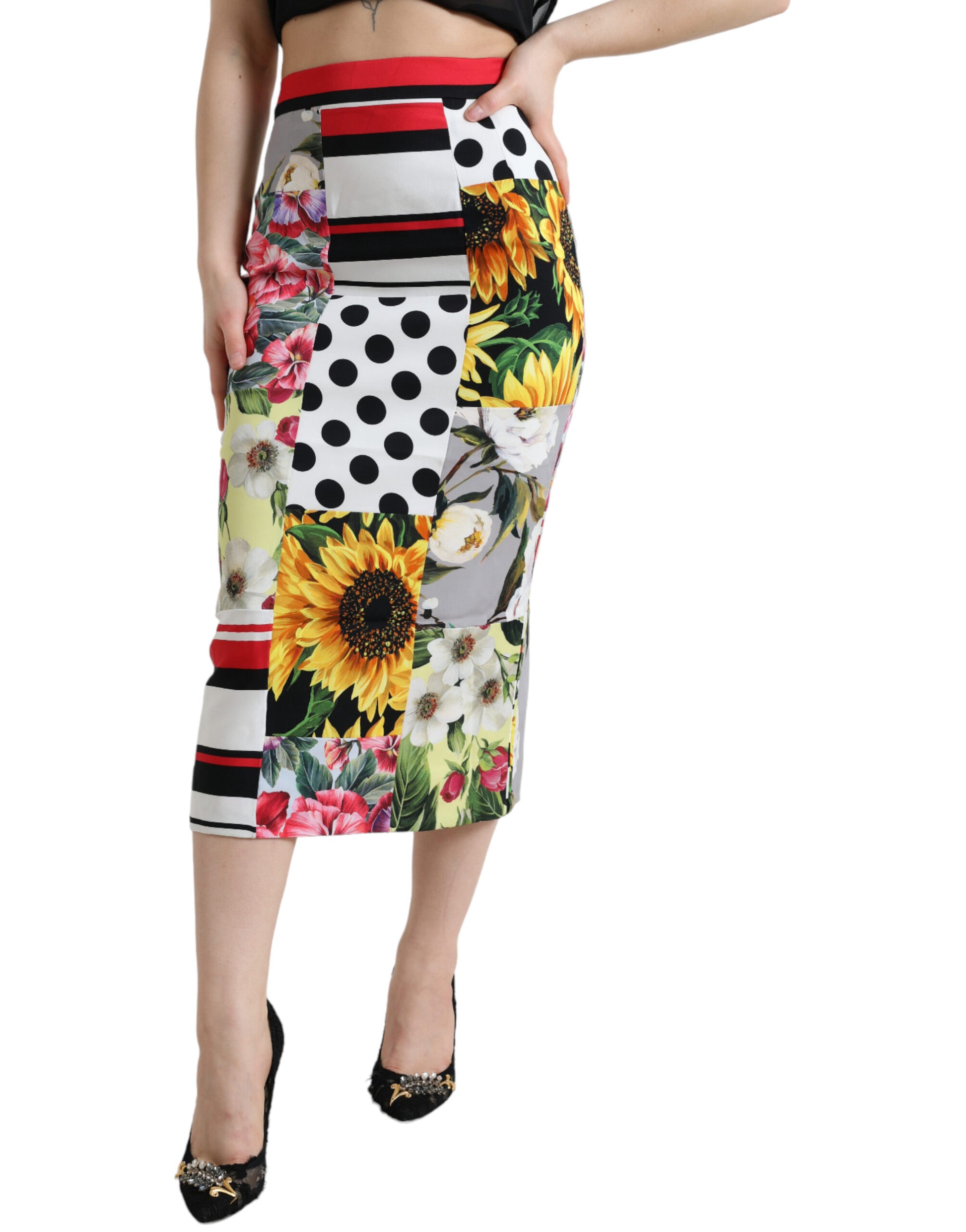 Falda midi glamurosa de talle alto con diseño de patchwork