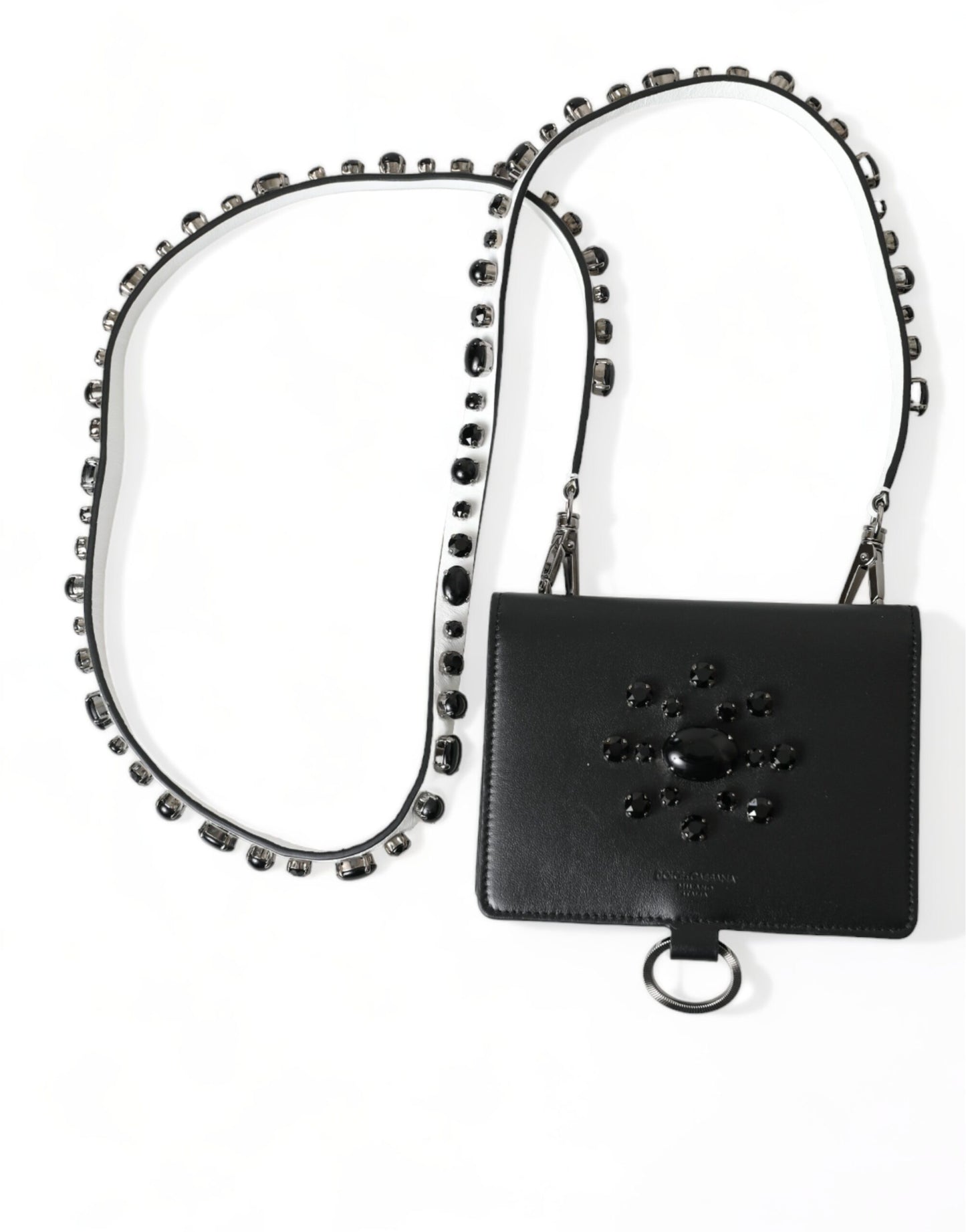 Elegante cartera para tarjetas de cuero negro con cristales