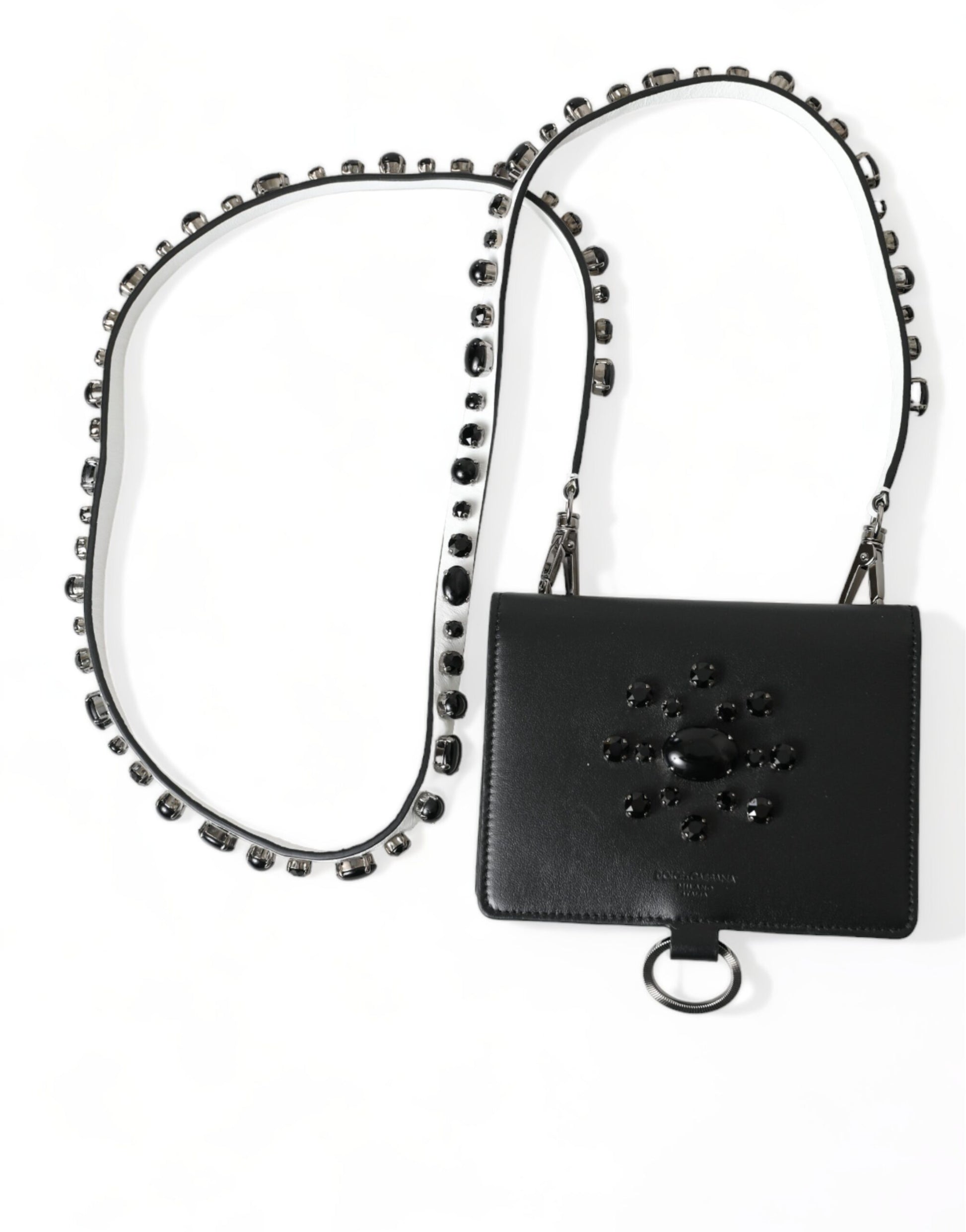 Elegante cartera para tarjetas de cuero negro con cristales