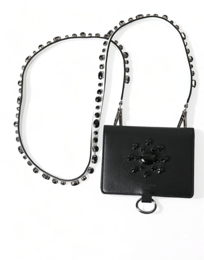 Elegante cartera para tarjetas de cuero negro con cristales
