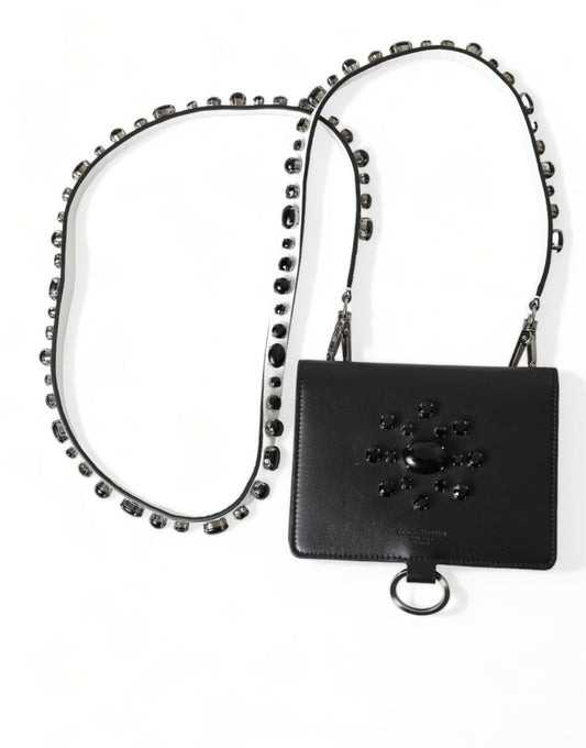 Elegante cartera para tarjetas de cuero negro con cristales