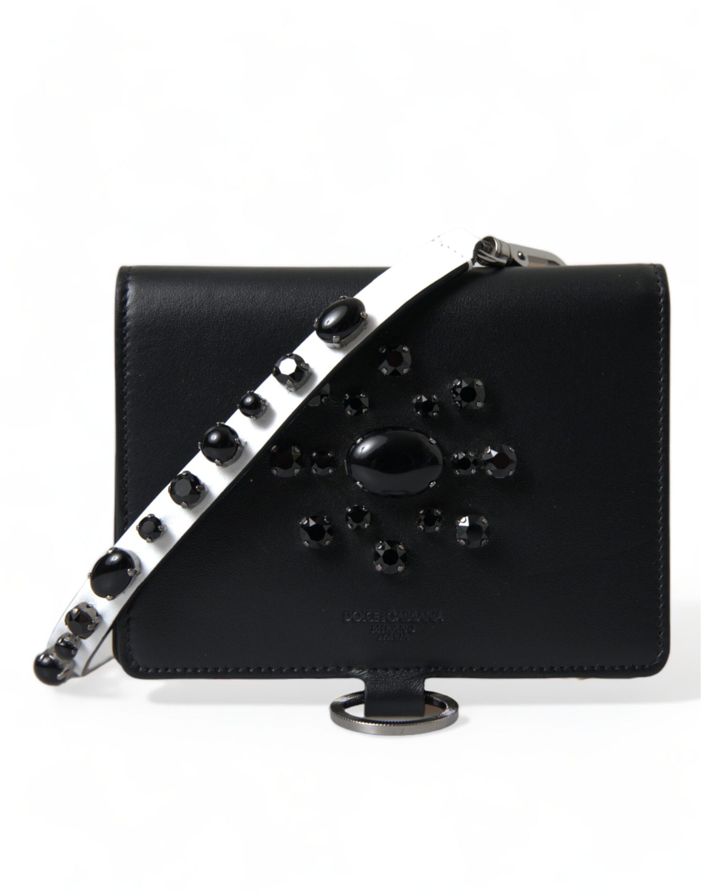 Elegante cartera para tarjetas de cuero negro con cristales