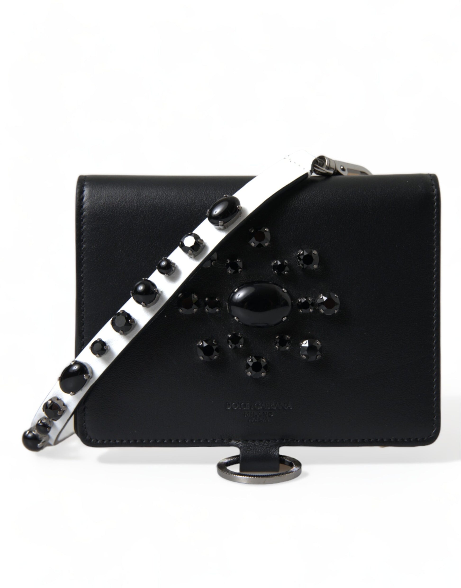 Elegante cartera para tarjetas de cuero negro con cristales