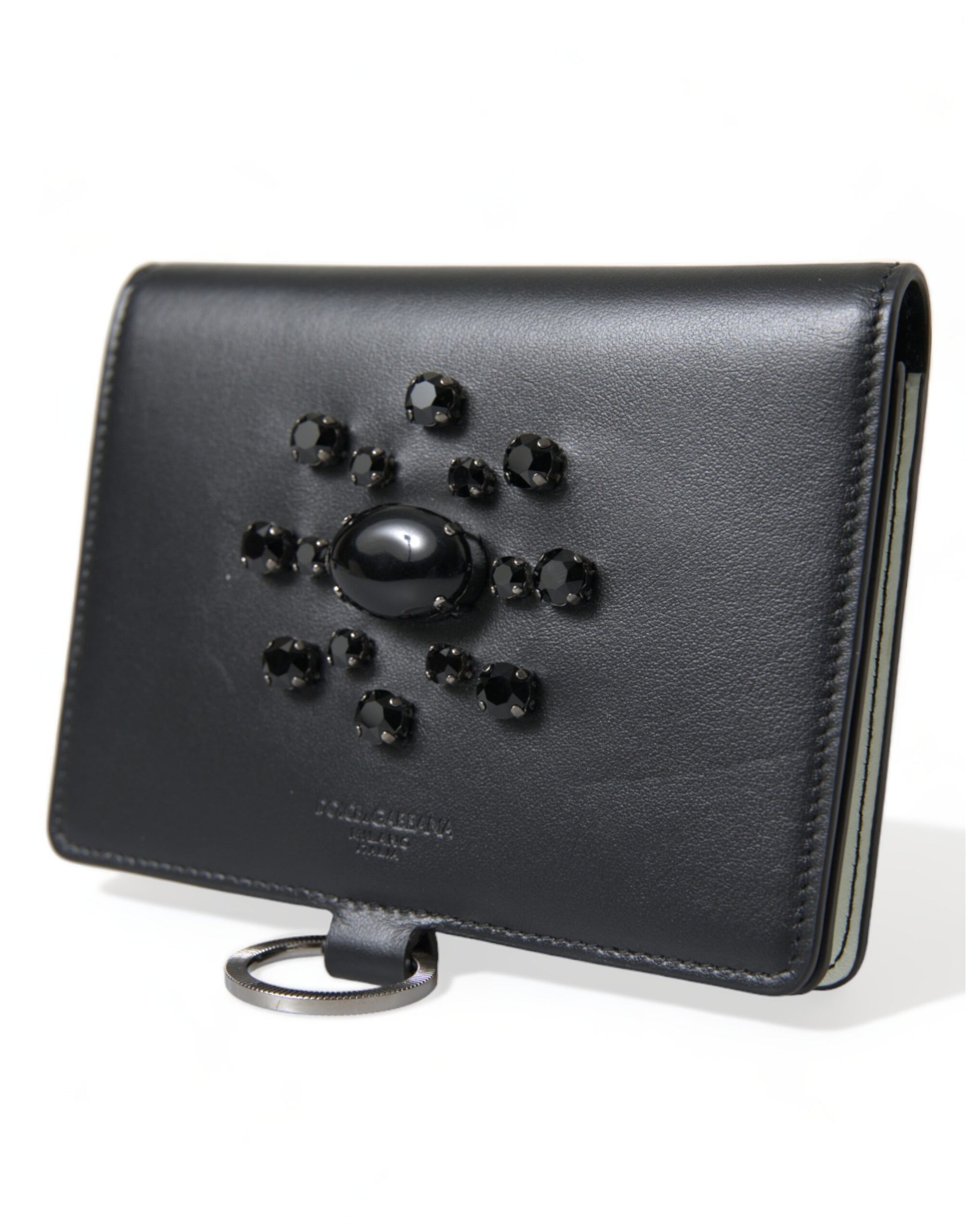 Elegante cartera para tarjetas de cuero negro con cristales