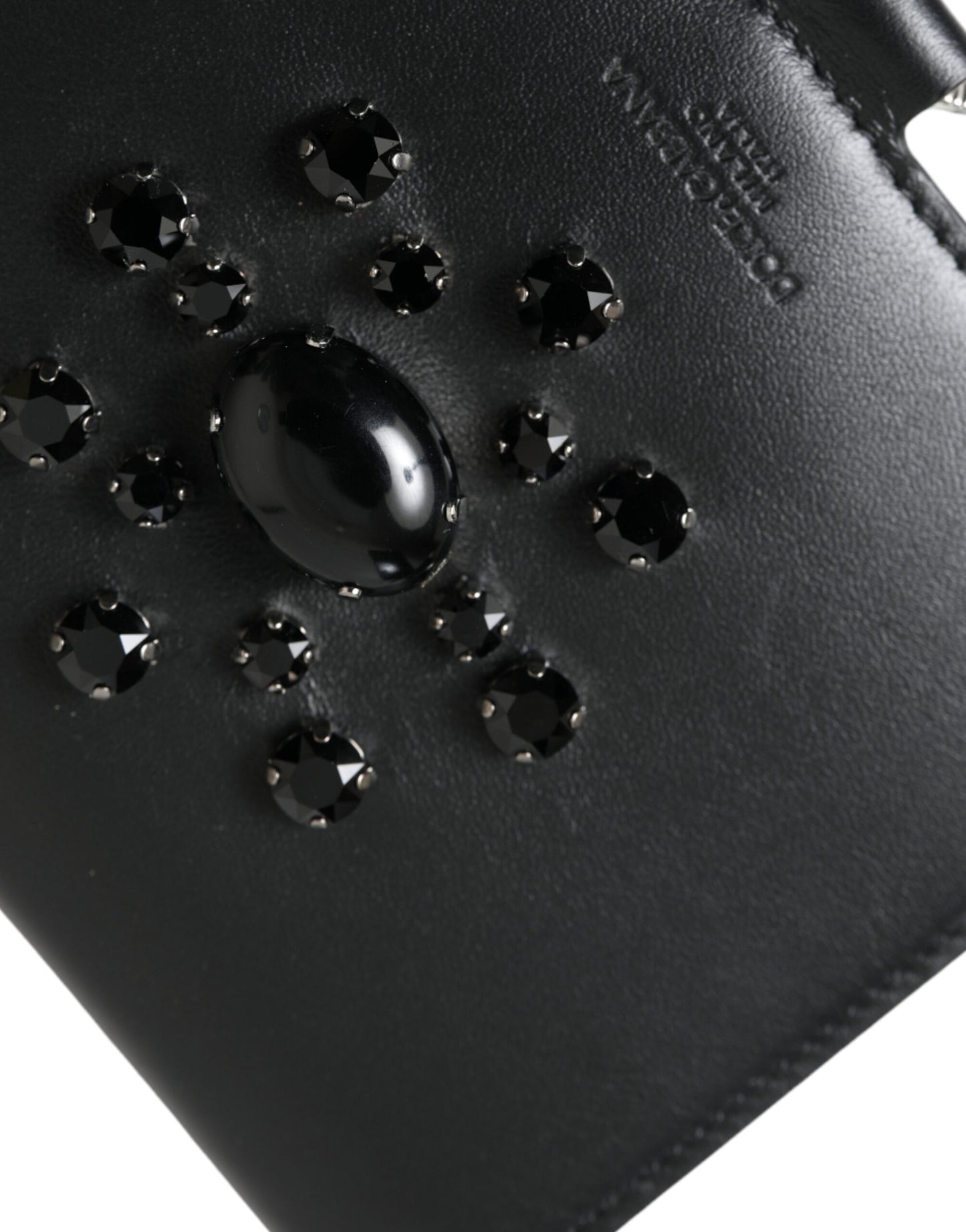 Elegante cartera para tarjetas de cuero negro con cristales