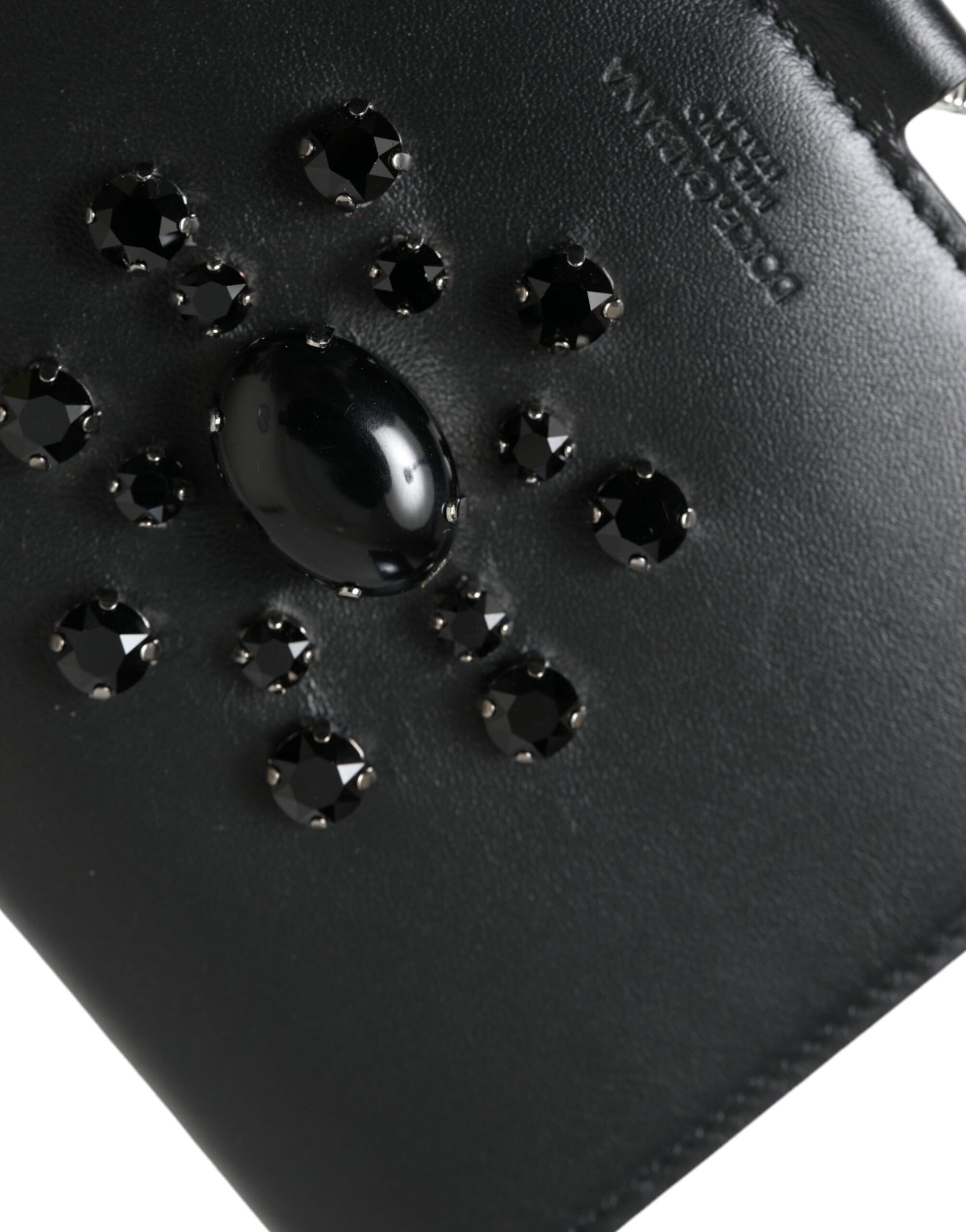 Elegante cartera para tarjetas de cuero negro con cristales