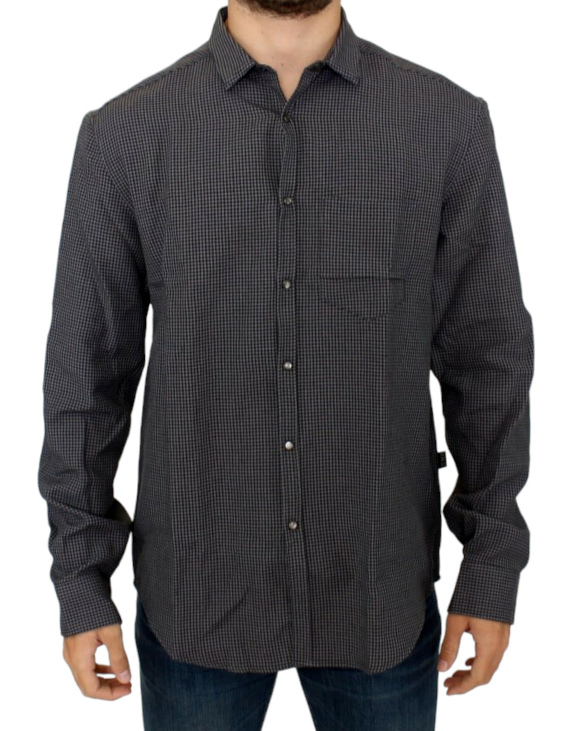 Camisa elegante informal de mezcla de lino a cuadros en gris